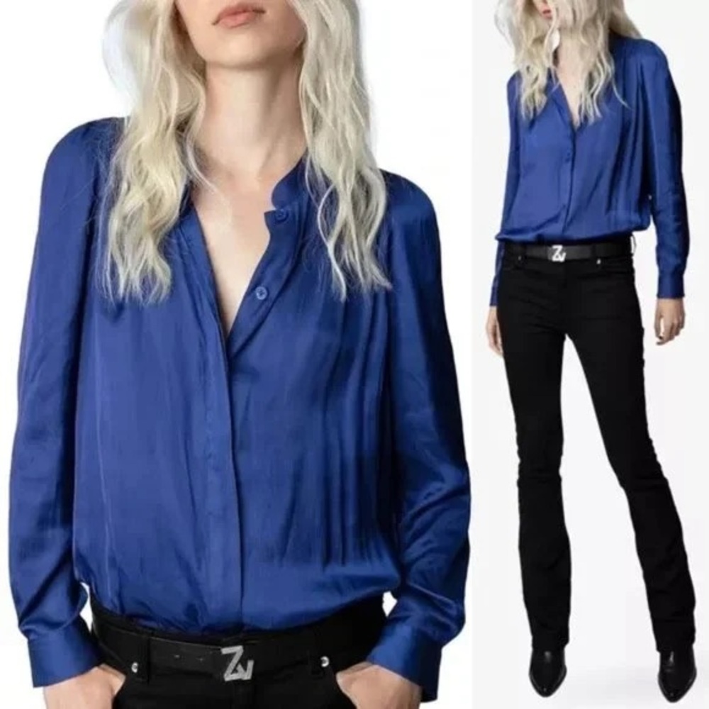 Zadig & Voltaire Touchy Satin Blouse XS Blue Rhinestone Cuff Button Up Silky